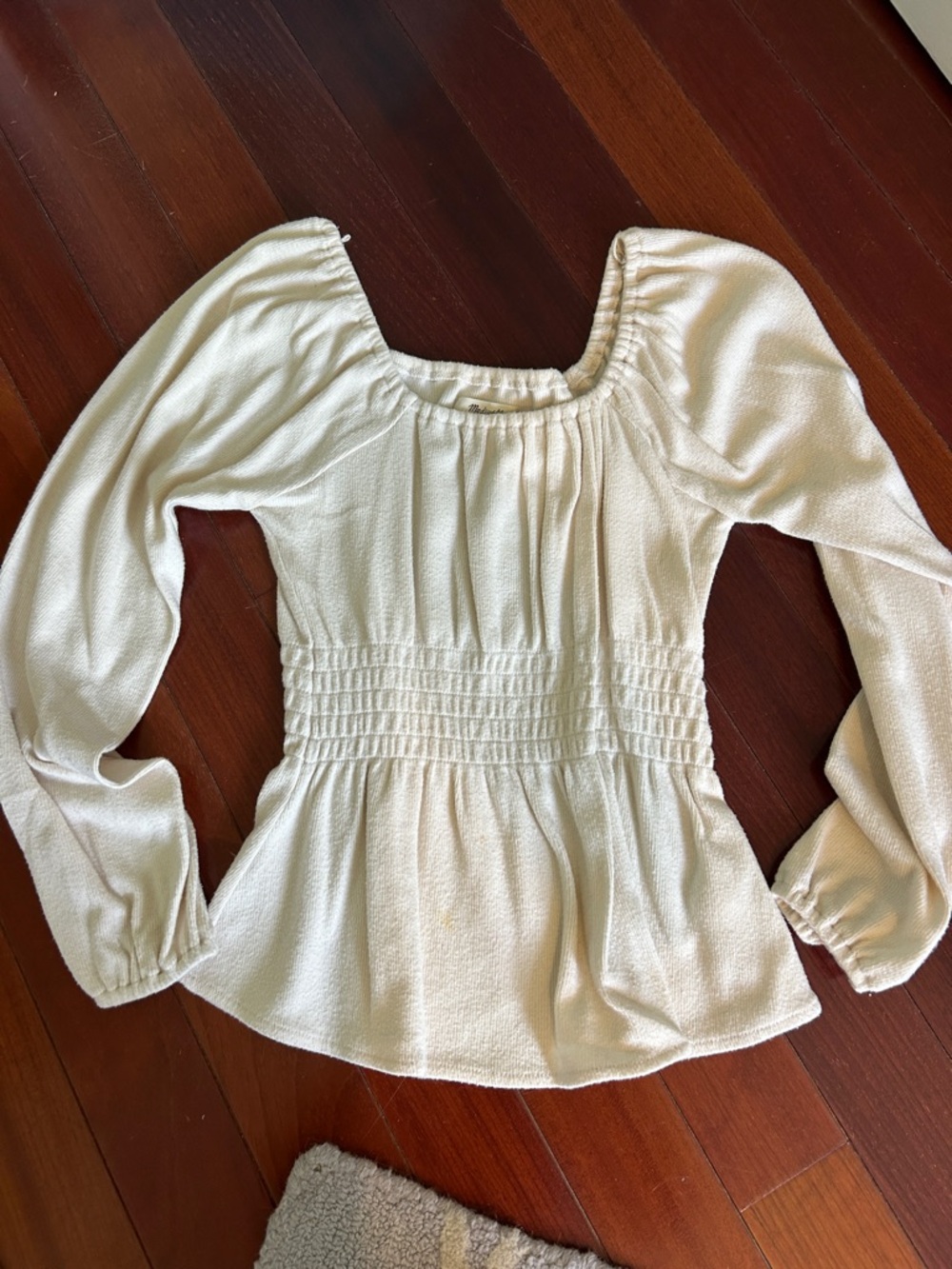 Madewell Cream Long-Sleeve Smocked Waist Peasant Blouse